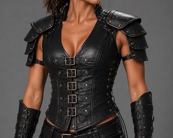 Dames harnascorset van echt leer – zwart leren kostuum – middeleeuwse krijgeroutfit – gotisch leren lijfje – leren topje cosplay