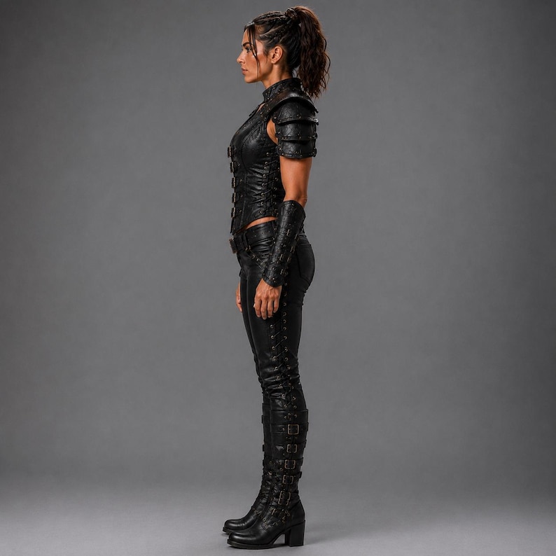 May include: A black leather outfit consisting of a sleeveless vest with layered shoulder armour, matching arm bracers, fitted trousers with side lacing, and knee-high boots featuring multiple buckle straps, all worn as a cohesive set.