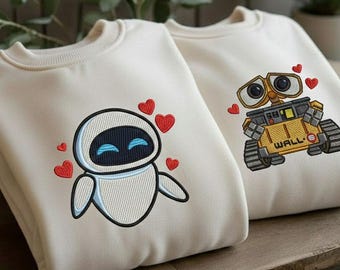 EMBROIDERED Wall-E EVE Sweatshirt, Wall E And Eve Matching Couple Sweater, Pixar Couple Embroidered Shirt, Cute Matching Valentine Crewneck