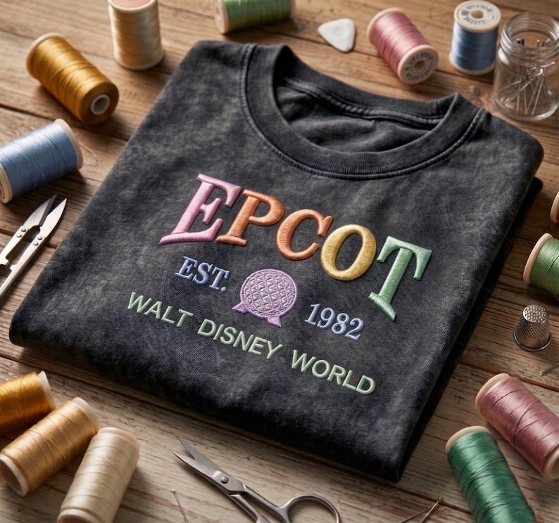 May include: A charcoal grey t-shirt featuring the embroidered word "EPCOT" in pastel shades. Below the word are the words "EST. 1982" and "WALT DISNEY WORLD". The shirt is surrounded by spools of thread, scissors, and sewing notions on a wooden surface.