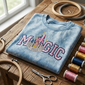 May include: A light blue sweatshirt with the word "MAGIC" embroidered in pink and blue, featuring a castle design. The sweatshirt is on a wooden surface with embroidery hoops, thread spools, and scissors.