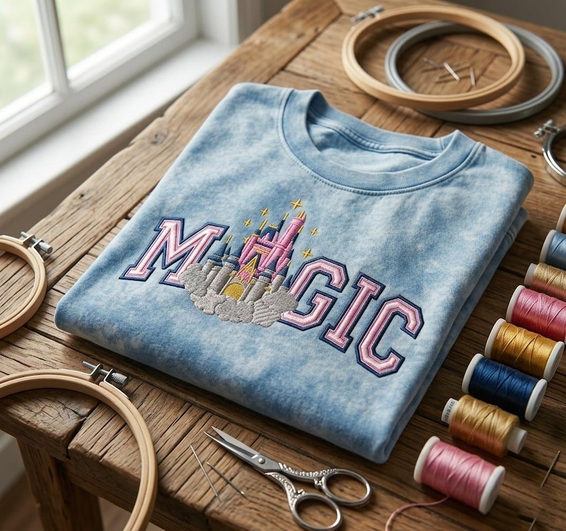 May include: A light blue sweatshirt with the word "MAGIC" embroidered in pink and blue, featuring a castle design. The sweatshirt is on a wooden surface with embroidery hoops, thread spools, and scissors.