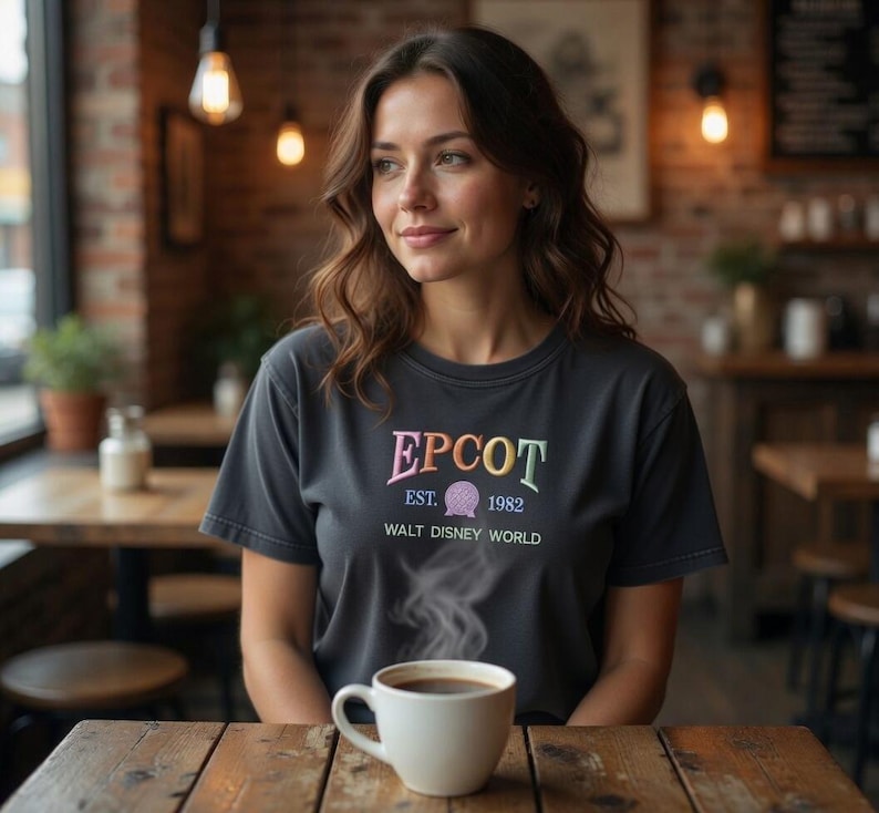 May include: A dark grey t-shirt featuring the word "EPCOT" in colourful embroidery, with "EST. 1982" and "WALT DISNEY WORLD" below. A white mug of coffee sits on a wooden table. The image is taken in a cafe setting.