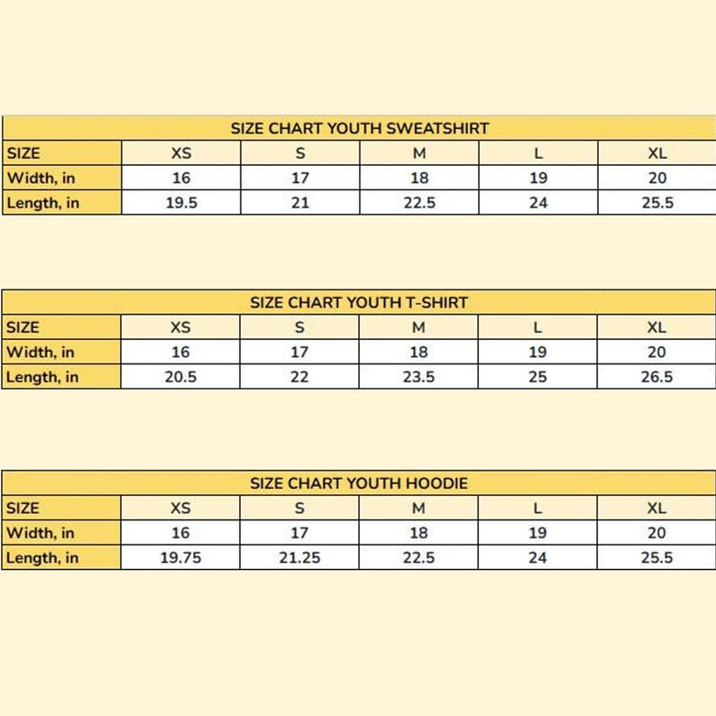 May include: A size chart for youth sweatshirts, t-shirts, and hoodies. The chart displays sizes XS to XL, with measurements in inches for width and length. The chart is on a light yellow background.