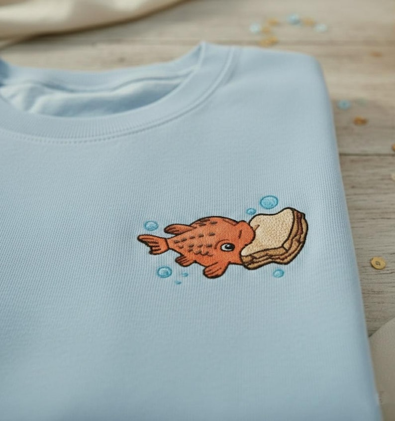 May include: Light blue sweatshirt featuring an embroidered design of an orange fish biting into a piece of bread. The fish is surrounded by embroidered blue bubbles. The sweatshirt is made of a soft material.