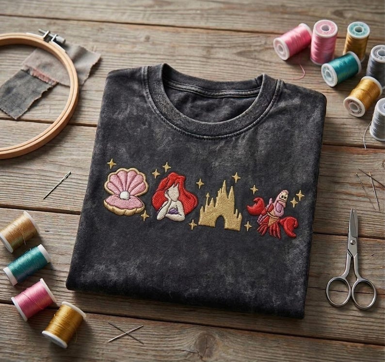K&ouml;nnte beinhalten: Dunkelgraues T-Shirt mit gesticktem Design einer Muschel, einer Meerjungfrau, einem Schloss und einer Krabbe. Die Stickerei ist in Rosa-, Rot-, Gold- und Wei&szlig;t&ouml;nen gehalten. N&auml;hutensilien sind im Bild zu sehen.