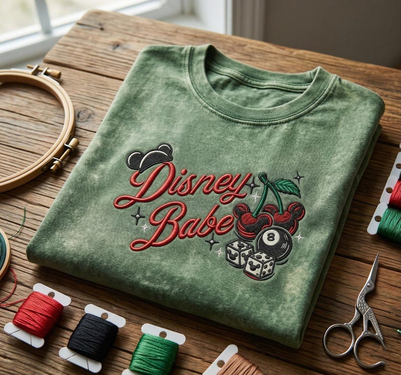 Puede incluir: Una camiseta verde salvia con la inscripci&oacute;n bordada "Disney Babe" en escritura roja. El dise&ntilde;o incluye cerezas, dados y una silueta de Mickey Mouse. La camiseta est&aacute; doblada sobre una superficie de madera.