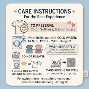 May include: A light blue graphic with care instructions for clothing. The text includes washing instructions, such as washing inside out with cold water, gentle cycle, and mild detergent. It also advises against bleaching and ironing directly on embroidery.