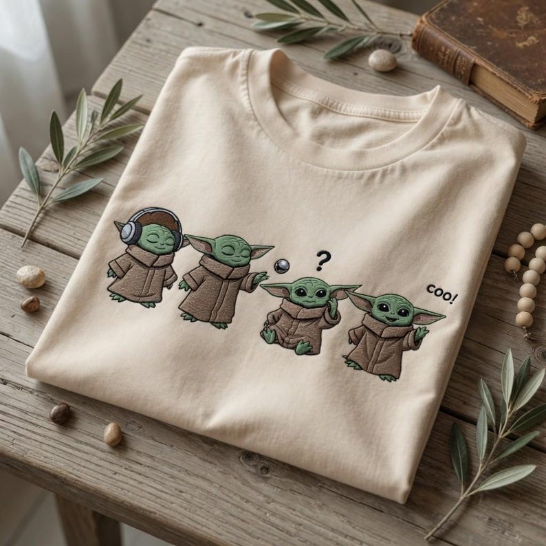 Puede incluir: Camiseta beige con un dise&ntilde;o bordado de un personaje alien&iacute;gena verde con una t&uacute;nica marr&oacute;n. El personaje se representa en cuatro poses diferentes, con la palabra "coo!" impresa.