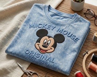 Disney Mickey Mouse Embroidered Washed Shirt, Mickey and Friends Tee, Vintage Est 1928 Mickey Shirt, Magic Kingdom Outfit, Classic Disney
