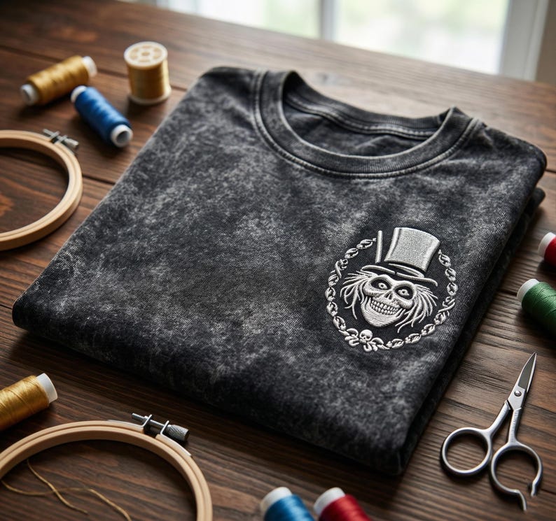 Op de afbeelding: Donkergrijs t-shirt met een wit geborduurd ontwerp van een schedel met hoge hoed, omringd door een decoratieve krans. Het shirt is opgevouwen op een houten oppervlak, met naaibenodigdheden zoals garenklosjes, borduurringen en een schaar.