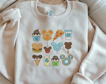 EMBROIDERED Disney Snacks Sweatshirt, Cute Mickey Food Icons Sweater, Disneyland Treats Embroidered Shirt, Disney Snacks Toddler Sweatshirt