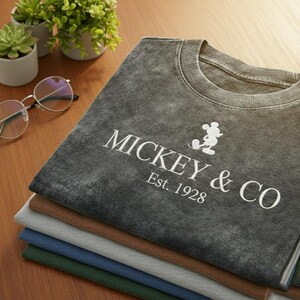 Mickey & Co Est 1928 Washed Shirt, Vintage Mickey Mouse T-Shirt, Disney Inspired Embroidery Tee, Disney Fans Gift, Disney Vacation Shirt image 2