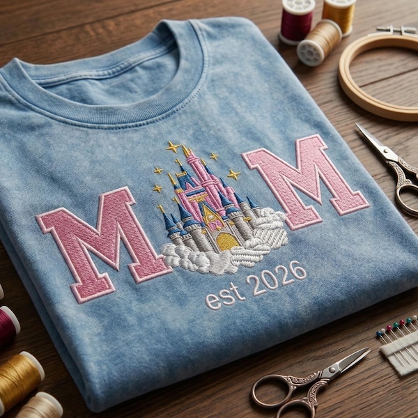 Custom Disney Mom Castle Embroidered Washed Shirt, Disney Mother's Day Tee, Magic Kingdom Family Vacation Shirt, Disney World Park Outfit