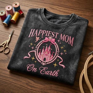 May include: A dark gray t-shirt with the embroidered text "Happiest Mom On Earth". The design includes a pink castle inside a circular frame with a bow, stars, and a fairy. Sewing supplies are in the background.