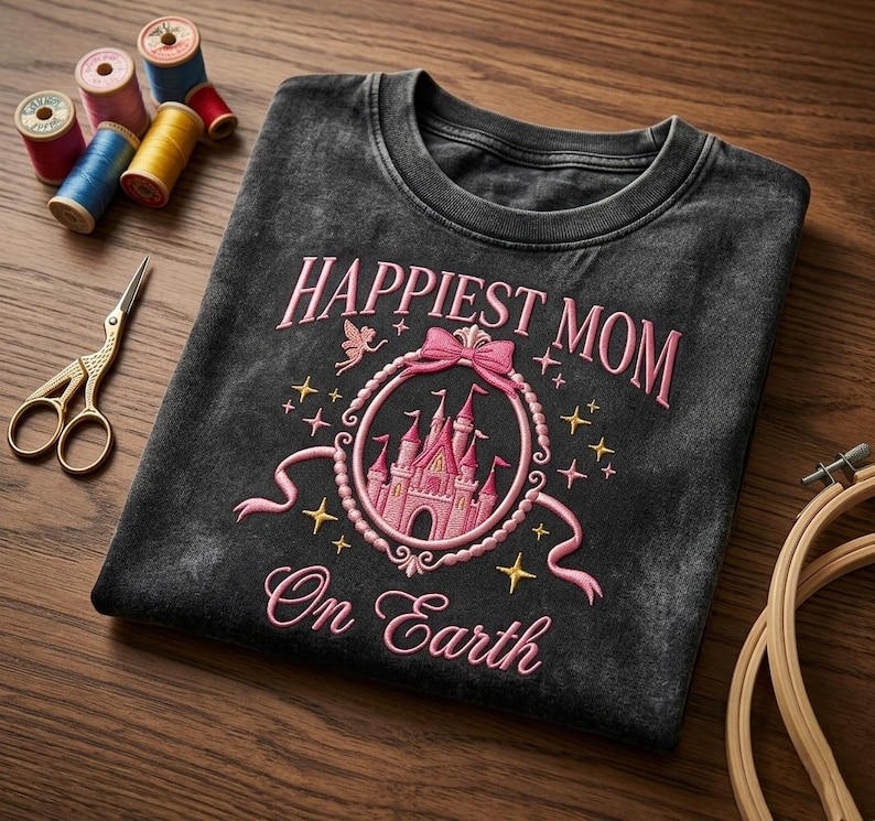 May include: A dark gray t-shirt with the embroidered text "Happiest Mom On Earth". The design includes a pink castle inside a circular frame with a bow, stars, and a fairy. Sewing supplies are in the background.