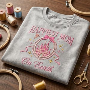 Disney Happiest Mom On Earth Embroidered Washed Shirt, Disneyland Fairy Castle Tee, Magic Kingdom Outfit, Vintage Disney Gift image 2