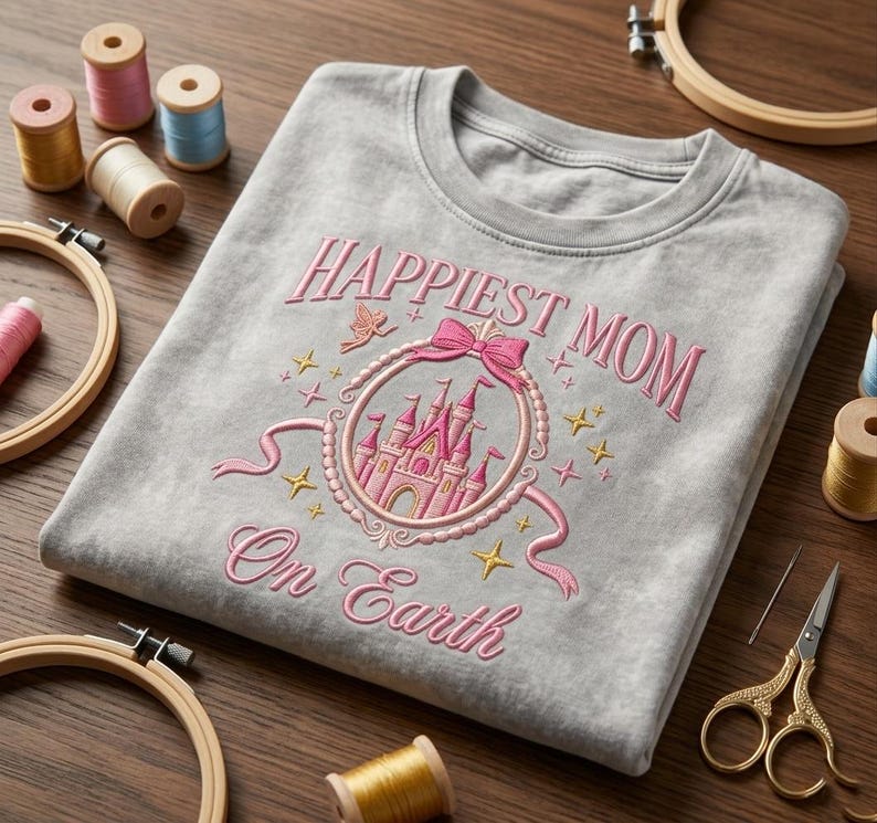 Disney Happiest Mom On Earth Embroidered Washed Shirt, Disneyland Fairy Castle Tee, Magic Kingdom Outfit, Vintage Disney Gift image 2