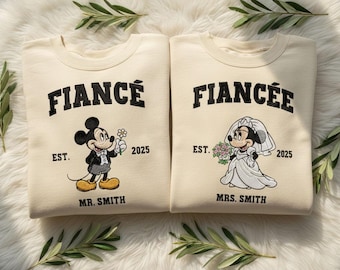EMBROIDERED Fiancé Mickey Fiancée Minnie Sweatshirt, Disney Matching Couple Shirt, Disney Valentine Sweater, Mickey Minnie Engagement Shirt
