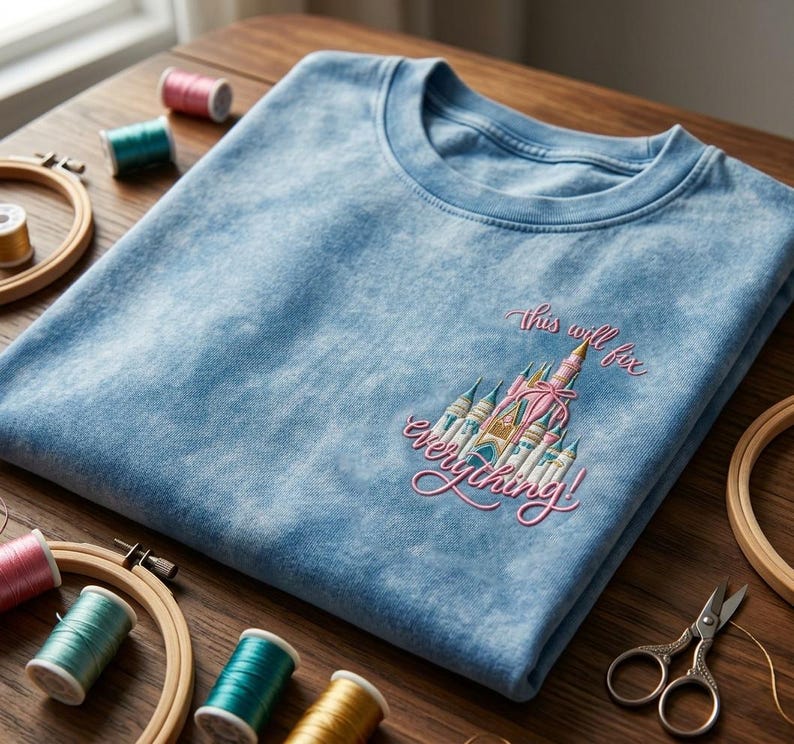 Puede incluir: Una camiseta azul claro con un dise&ntilde;o de castillo bordado y el texto "This will fix everything!" en rosa. Aros de bordado, carretes de hilo y tijeras est&aacute;n dispuestos alrededor de la camiseta sobre una superficie de madera.