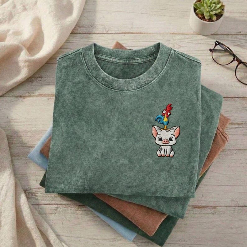 Disney Moana Embroidered Washed Shirt, Moana Pua & Hei Hei Tee, Pua Hei Hei Shirt, Moana Family Shirt, Retro Disney Park Outfit image 1