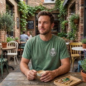 Op de afbeelding: Een persoon draagt een groen t-shirt met een afbeelding van een schedel met hoge hoed, zittend aan een houten tafel. De persoon houdt een kop koffie vast. De achtergrond omvat een caf&eacute; met bakstenen muren en groen.
