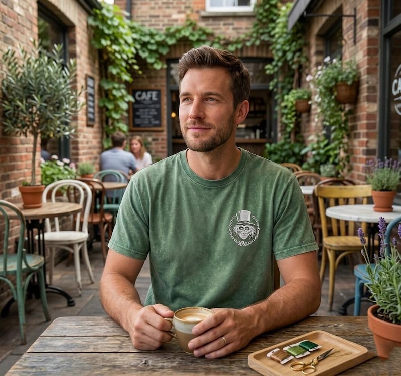 Op de afbeelding: Een persoon draagt een groen t-shirt met een afbeelding van een schedel met hoge hoed, zittend aan een houten tafel. De persoon houdt een kop koffie vast. De achtergrond omvat een caf&eacute; met bakstenen muren en groen.
