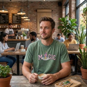 May include: A person wearing a green t-shirt with the word "MAGIC" and a castle graphic, holding a coffee cup. The scene is set in a coffee shop with brick walls and other people working on laptops.