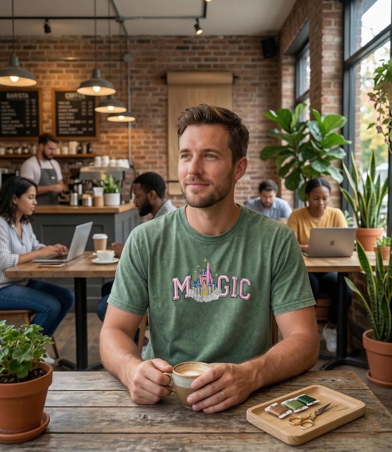 May include: A person wearing a green t-shirt with the word "MAGIC" and a castle graphic, holding a coffee cup. The scene is set in a coffee shop with brick walls and other people working on laptops.