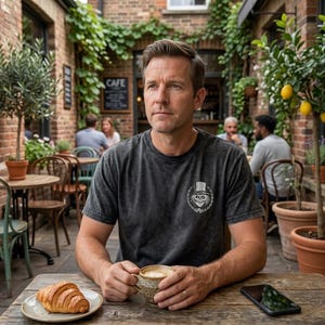 Op de afbeelding: Een persoon draagt een donkergrijs t-shirt met een schedelafbeelding, zittend aan een houten tafel in een buitencaf&eacute;. Een croissant en een kop koffie staan op tafel. Er ligt ook een smartphone op tafel. Het caf&eacute; heeft bakstenen muren en groene planten.