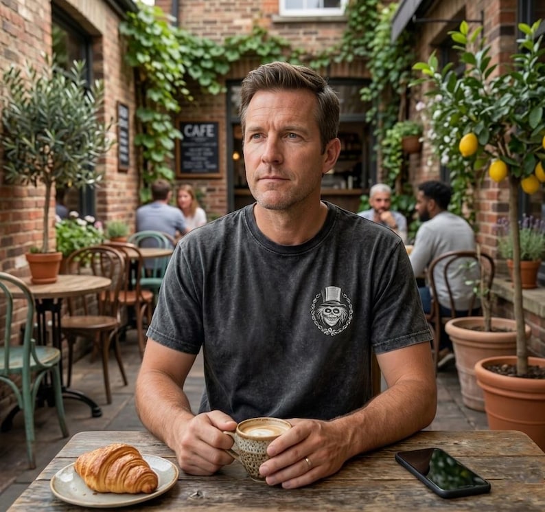 Op de afbeelding: Een persoon draagt een donkergrijs t-shirt met een schedelafbeelding, zittend aan een houten tafel in een buitencaf&eacute;. Een croissant en een kop koffie staan op tafel. Er ligt ook een smartphone op tafel. Het caf&eacute; heeft bakstenen muren en groene planten.