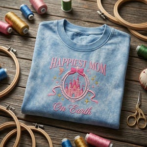 May include: A light blue sweatshirt with the embroidered text "Happiest Mom On Earth". The design includes a pink castle within a decorative frame, a bow, and stars. The sweatshirt is surrounded by embroidery hoops, thread spools, and scissors.
