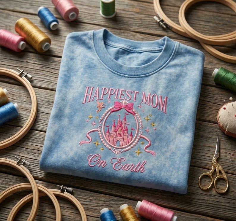 May include: A light blue sweatshirt with the embroidered text "Happiest Mom On Earth". The design includes a pink castle within a decorative frame, a bow, and stars. The sweatshirt is surrounded by embroidery hoops, thread spools, and scissors.
