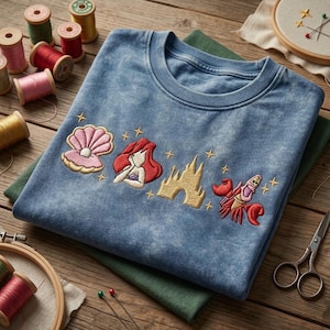 K&ouml;nnte beinhalten: Ein blaues Sweatshirt mit Rundhalsausschnitt und gestickten Bildern einer Muschel, einer Meerjungfrau mit roten Haaren, einem Schloss und einem roten Hummer. Das Sweatshirt liegt gefaltet auf einem gr&uuml;nen Stoff, mit Garnrollen und Stickrahmen im Hintergrund.