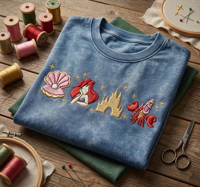 K&ouml;nnte beinhalten: Ein blaues Sweatshirt mit Rundhalsausschnitt und gestickten Bildern einer Muschel, einer Meerjungfrau mit roten Haaren, einem Schloss und einem roten Hummer. Das Sweatshirt liegt gefaltet auf einem gr&uuml;nen Stoff, mit Garnrollen und Stickrahmen im Hintergrund.