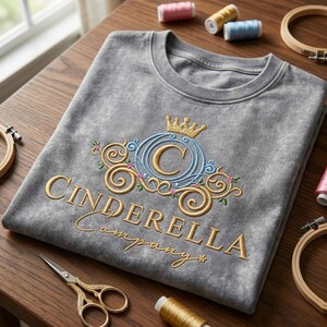 May include: A gray t-shirt with the embroidered text "Cinderella Company." The design includes a crown, the letter "C," and floral accents in gold, blue, and pink. Embroidery hoops, scissors, and spools of thread are arranged around the shirt.