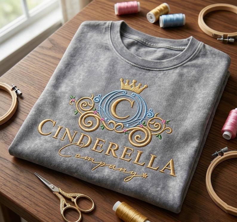 May include: A gray t-shirt with the embroidered text "Cinderella Company." The design includes a crown, the letter "C," and floral accents in gold, blue, and pink. Embroidery hoops, scissors, and spools of thread are arranged around the shirt.