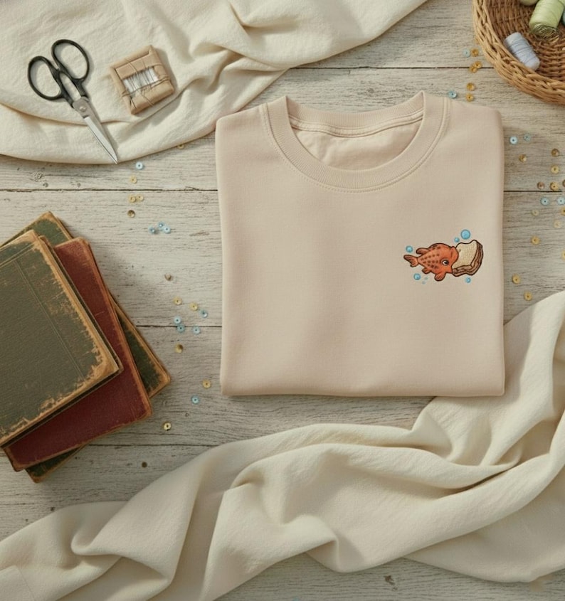 May include: A beige crewneck sweatshirt with an embroidered design of a cartoon fish and bread. The sweatshirt is folded on a light wooden surface, with fabric, books, and sewing supplies in the background.