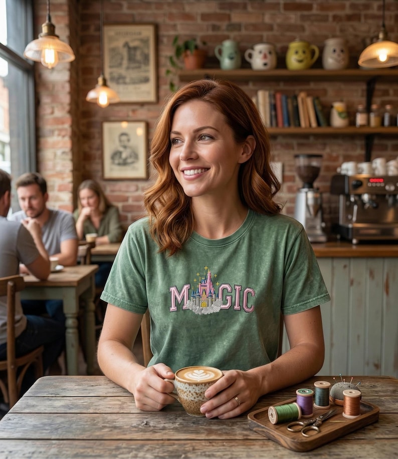 May include: A green t-shirt with the word "MAGIC" in pink and a castle graphic. The person is holding a cup of coffee with latte art. The scene is set in a cafe with a wooden table and brick wall.