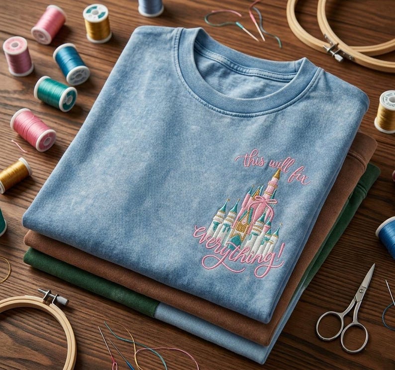 Puede incluir: Una pila de tres camisetas en azul, marr&oacute;n y verde. La camiseta azul superior presenta un dise&ntilde;o de castillo rosa bordado con el texto "this will fix everything!". Suministros de bordado, incluyendo carretes de hilo y tijeras, est&aacute;n dispuestos alrededor de las camisas.