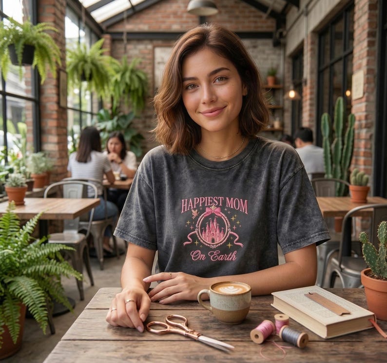 May include: A woman wearing a dark gray t-shirt with the text "Happiest Mom On Earth" and a pink castle graphic. She is sitting at a wooden table with a coffee cup, scissors, and a book. The setting is a cafe.