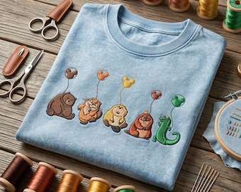 Embroidered Pixar Hoppers Animals Balloon Washed Shirt, Disney Pixar Movie Hoppers Shirt, Tom Lizard Fish Queen Mabel Henry, Disney Vacation