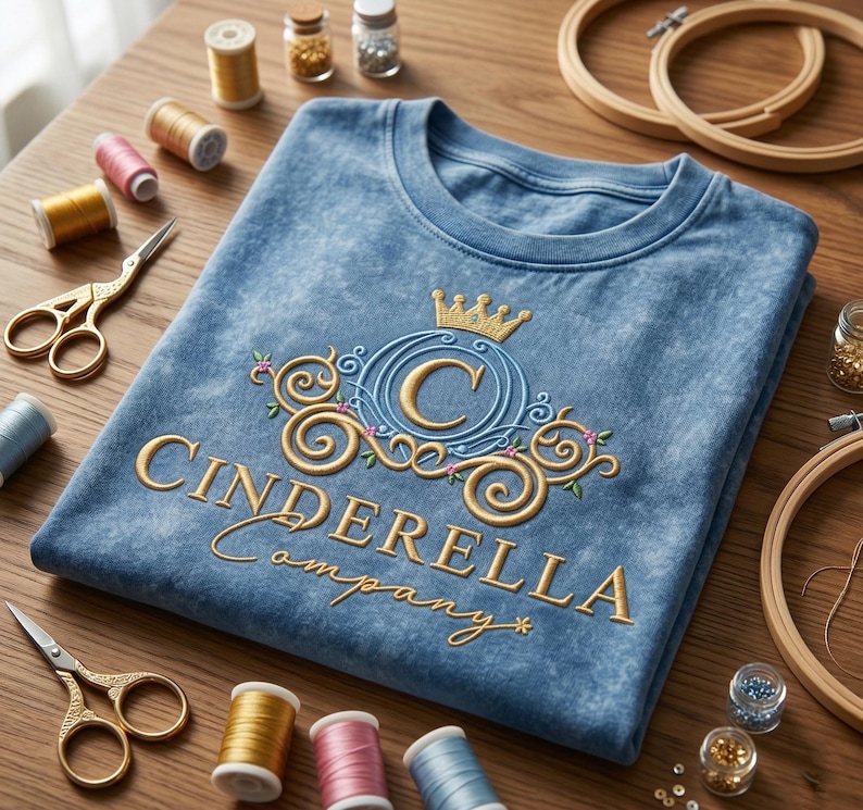 May include: A blue t-shirt with an embroidered design featuring a crown, the letter "C", and the words "Cinderella Company" in gold thread. The shirt is surrounded by sewing supplies, including scissors, thread spools, and embroidery hoops.