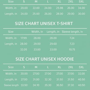 May include: A size chart for unisex sweatshirts, t-shirts, and hoodies. The chart displays measurements in inches for width, length, and sleeve length, varying by size from S to 5XL. The text "SIZE CHART UNISEX SWEATSHIRT", "SIZE CHART UNISEX T-SHIRT", and "SIZE CHART UNISEX HOODIE" are at the top.