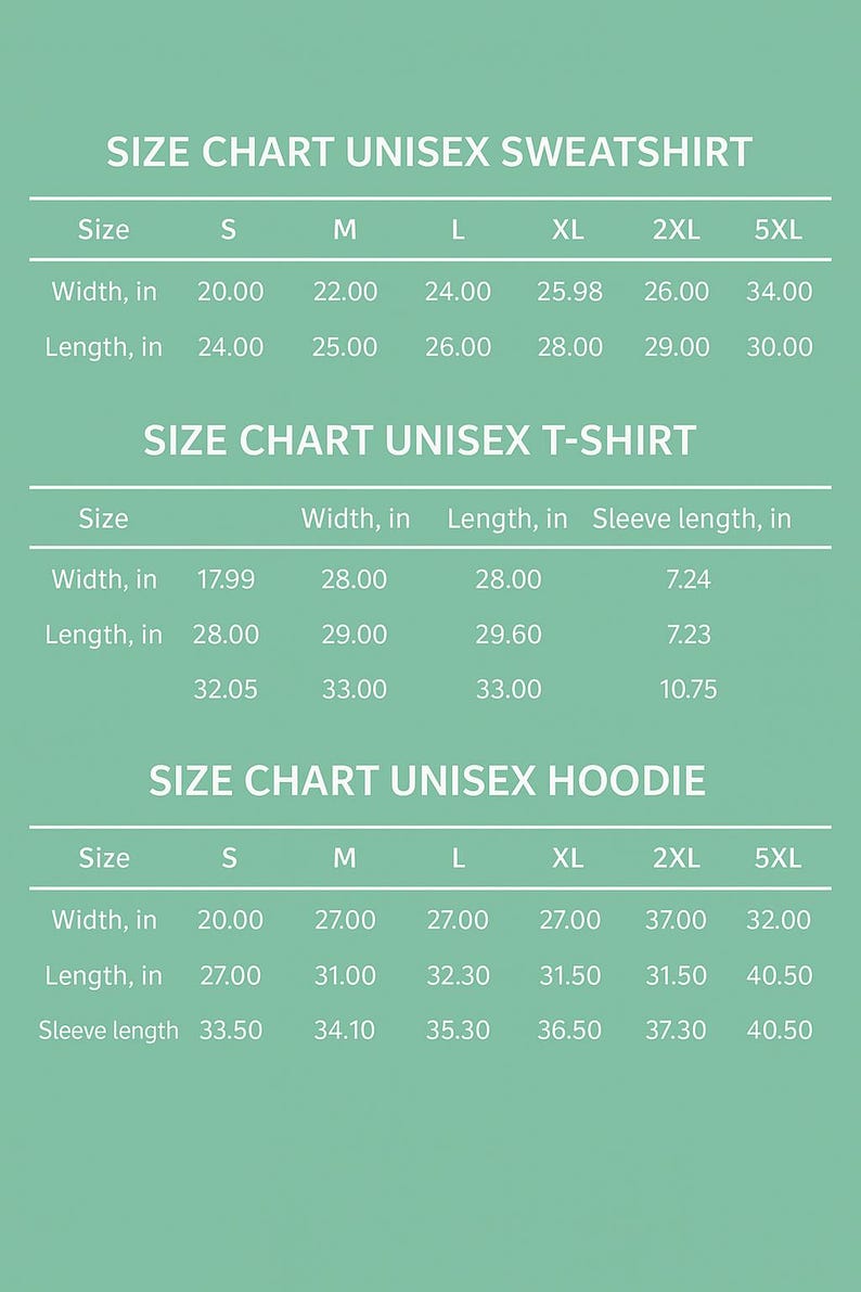 May include: A size chart for unisex sweatshirts, t-shirts, and hoodies. The chart displays measurements in inches for width, length, and sleeve length, varying by size from S to 5XL. The text "SIZE CHART UNISEX SWEATSHIRT", "SIZE CHART UNISEX T-SHIRT", and "SIZE CHART UNISEX HOODIE" are at the top.