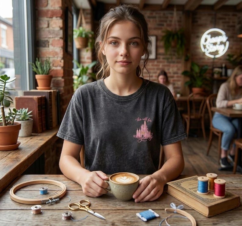 Puede incluir: Una mujer con una camiseta gris oscuro con un gr&aacute;fico de castillo rosa y el texto "this will be everything". Sostiene una taza de caf&eacute; con arte latte. Suministros de bordado y un libro est&aacute;n sobre la mesa de madera.