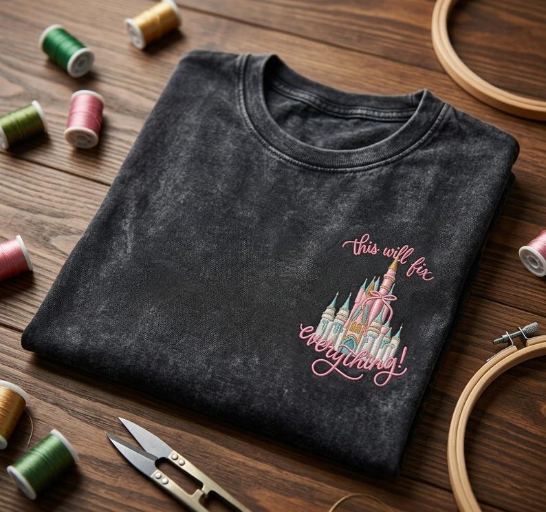 Puede incluir: Camiseta gris oscuro con cuello redondo y un dise&ntilde;o de castillo bordado en rosa, azul y dorado, con el texto "this will fix everything!". Se ven suministros de costura, como hilo y tijeras.