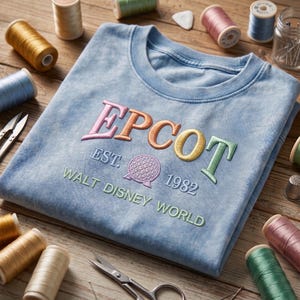 May include: Pale blue t-shirt with embroidered "EPCOT" in pink, orange, yellow, and green. The shirt features "EST. 1982" and "WALT DISNEY WORLD" in green. The shirt is surrounded by spools of thread, scissors, and sewing notions.