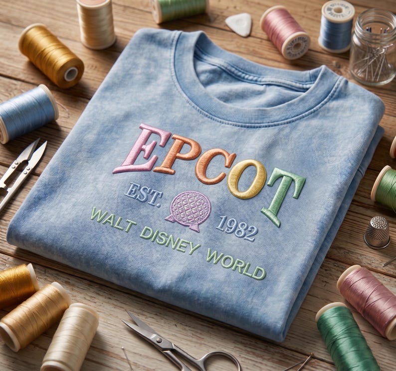 May include: Pale blue t-shirt with embroidered "EPCOT" in pink, orange, yellow, and green. The shirt features "EST. 1982" and "WALT DISNEY WORLD" in green. The shirt is surrounded by spools of thread, scissors, and sewing notions.