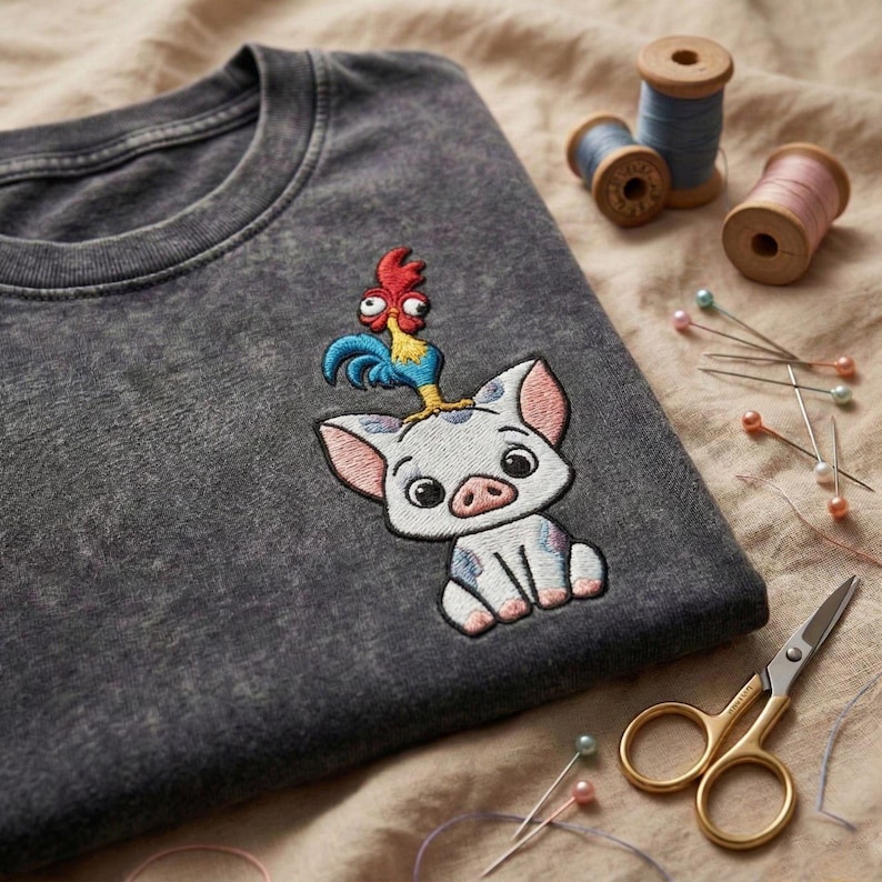 May include: Dark gray crew neck t-shirt with an embroidered design featuring a cartoon pig with a rooster on its head. The pig is white with pink ears and blue spots. Sewing supplies, including thread spools and pins, are in the background.